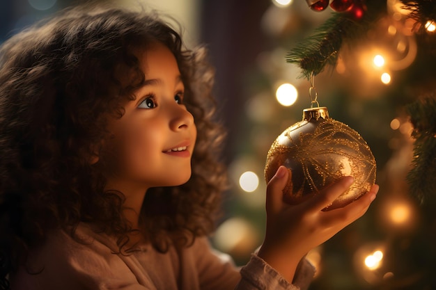 Close up menina com cabelos cacheados segurando um enfeite de natal dourado pendurado em uma árvore de natal