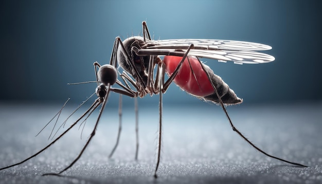 Close-up de un mosquito con un cuerpo rojo vibrante y alas equilibradas en una superficie