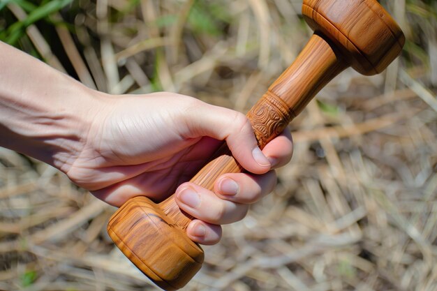 Close-up na mão e martelo de madeira para glúteos