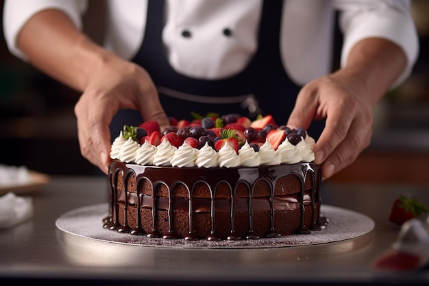Foto close-up nas mãos do confeiteiro decorando um bolo antes de servir