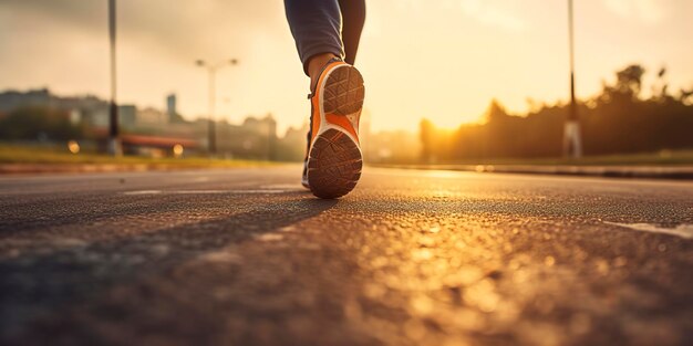 Close-up no sapato Corredor atleta pés correndo na estrada sob a luz do sol pela manhã AI Generative