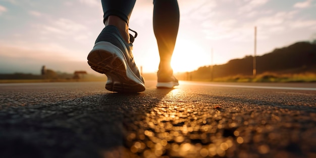 Foto close-up nos pés do atleta corredor de sapato correndo na estrada sob a luz do sol pela manhã ai generative
