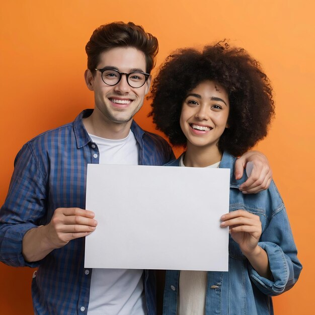 Foto close up of a smiling young couple showing blank placard against an orange background