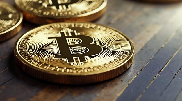 Close-up of Bitcoin Gold Coins on a Wooden Surface