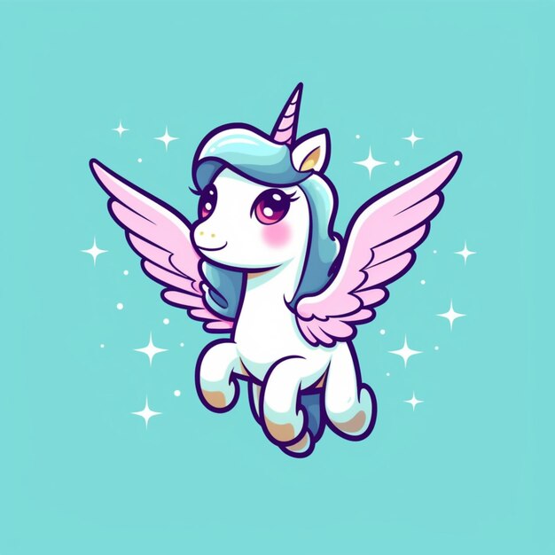 Foto a close up of a cartoon unicorn with wings on a blue background generative ai