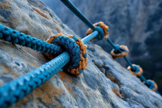 Foto close up of rope on rock eine dramatische sicht von der spitze einer felskletterwand seile und anker im vordergrund gesehen ki generiert
