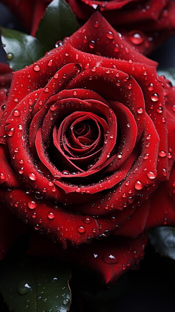 close-up ou macro-vista de gotas de água em uma fotografia de natureza de rosa vermelha