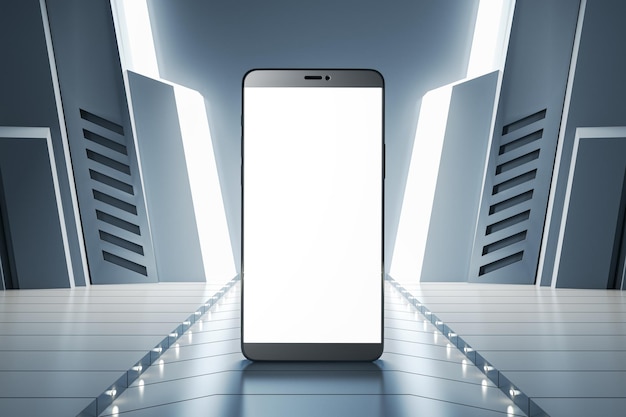 Close up de una pantalla de teléfono inteligente blanca en blanco sobre un fondo futurista Mock up y concepto de presentación de productos 3D Rendering