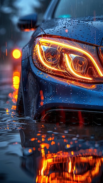 Un close-up del papel tapiz de neón de los faros de los coches