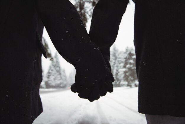 Close-up de pareja cogidos de la mano en el bosque durante el invierno