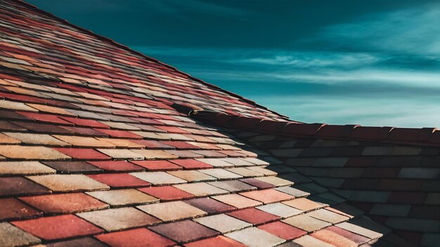 Close-up de la parte superior del techo de la casa cubierta con tejas de cerámica cubierta de baldosas del edificio