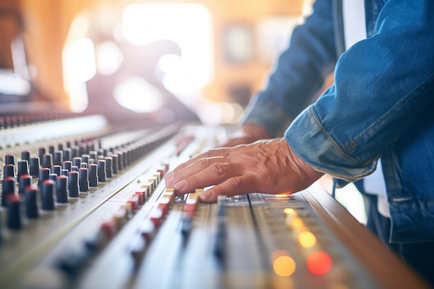 Close-up de personas con la mano en una consola de mezcla en un estudio de música