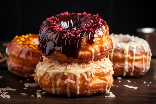 Close up pilha de cronuts chocolate e croissant de amêndoa e mistura de donuts em uma mesa de madeira