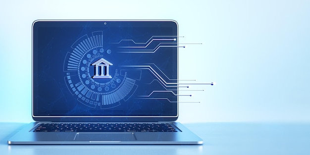 Close up de portátil con holograma de circuitos bancarios poligonales creativos en un fondo borroso con un simulacro de lugar Transformación digital y concepto de banco en línea Renderización 3D