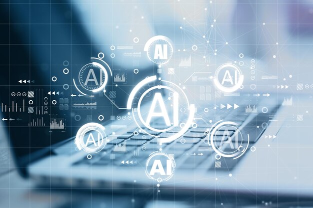 Close-up de portátil con holograma de IA creativa en fondo borroso Inteligencia artificial tecnología de AI y concepto de comunicación Doble exposición