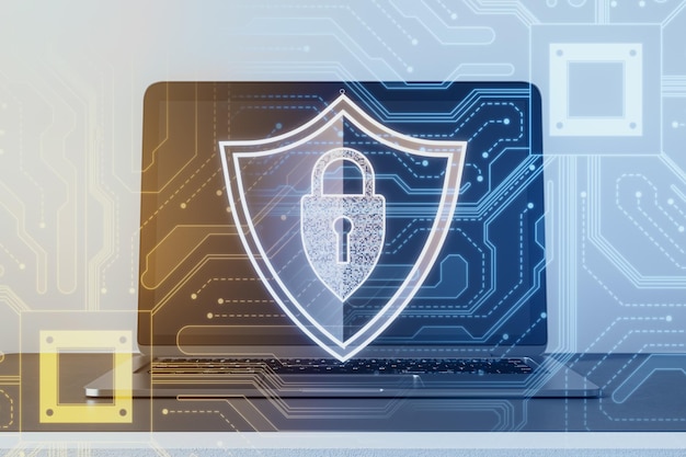 Close up de portátil con signo de protección web creativo con circuito en fondo claro seguridad web y escudo de seguridad candado y concepto antivirus Rendering 3D