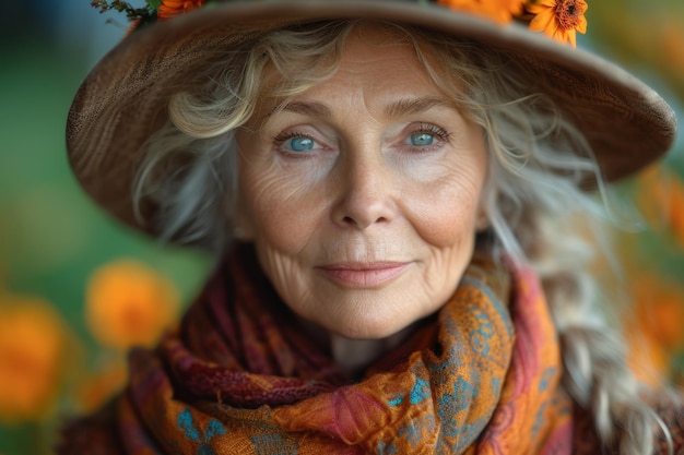 Foto close-up-porträt einer älteren frau mit hut im herbst auf der straße