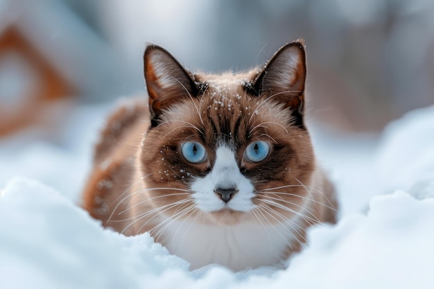 Close-up-Porträt einer blauäugigen braun-weißen Hauskatte, die aufmerksam starrt, während sie in