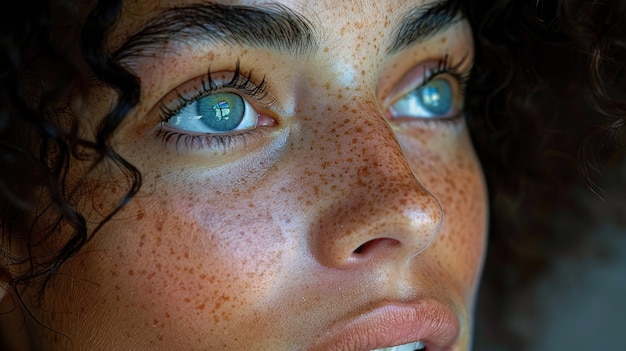 Foto close-up-porträt einer frau mit einzigartigen freckles und lockigem haar
