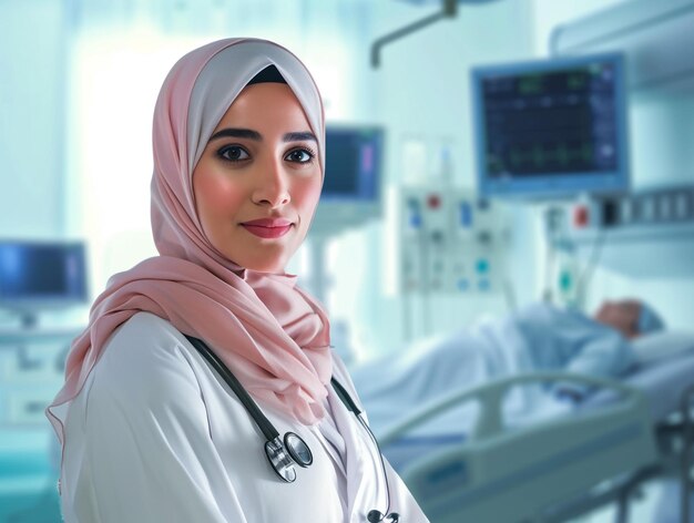 Foto close-up-porträt einer freundlich lächelnden, selbstbewussten muslimischen krankenschwester authentisch, selbstbewusst, gesundheitsarbeiter aus dem nahen osten, mittelalterliche, ältere arabische krankenschwister, die einen hijab über einem isolierten hintergrund trägt