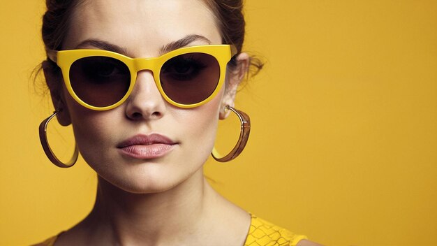 Close-up-Porträt einer jungen Frau mit Sonnenbrille auf einem gelben Hintergrundfoto im Stil des