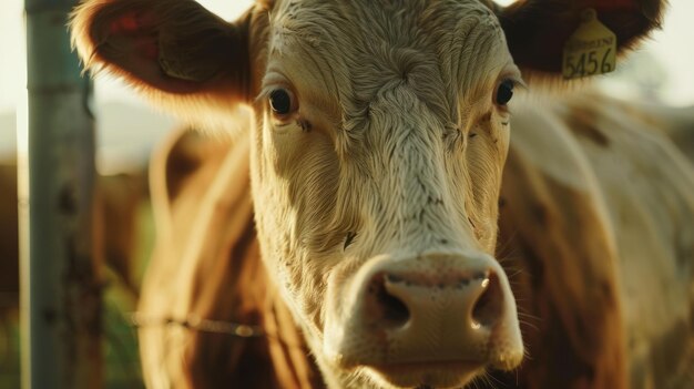 Close-up-Porträt einer Kuh auf einer Viehfarm an einem sonnigen Tag, KI-generiertes Bild