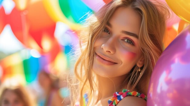 Close-up-Porträt einer lächelnden jungen Frau mit Regenbogenballons im Hintergrund