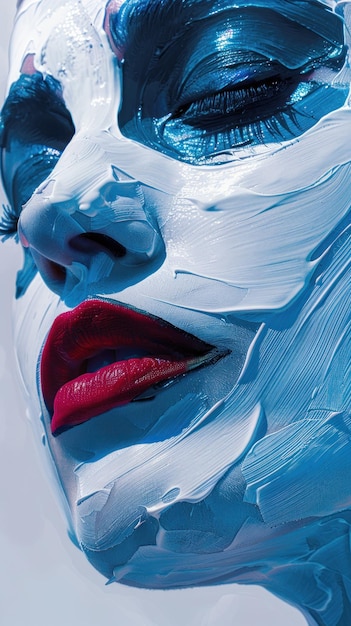 Close-Up-Porträt einer Person mit blau-weißem Make-up