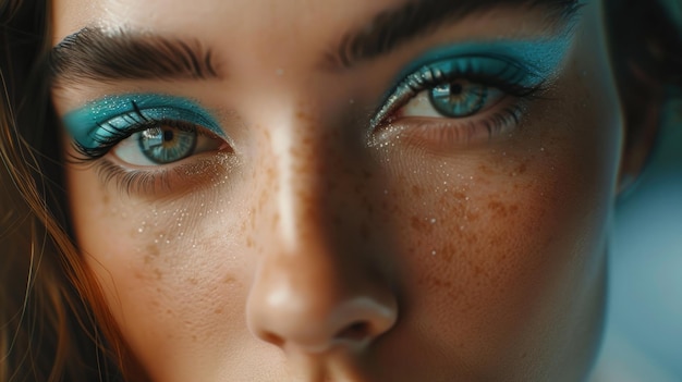 Close-up-Porträt einer schönen Brünette mit blauem Augenschatten-Make-up und Maniküre
