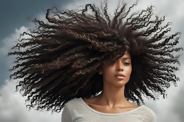 Close-up-Porträt einer schönen schwarzen afroamerikanischen Frau in ihrem schönen Afro-Haar Perfektes Bild für Haarpflege- und Kosmetikprodukte Kopieren Platz für Text und Branding