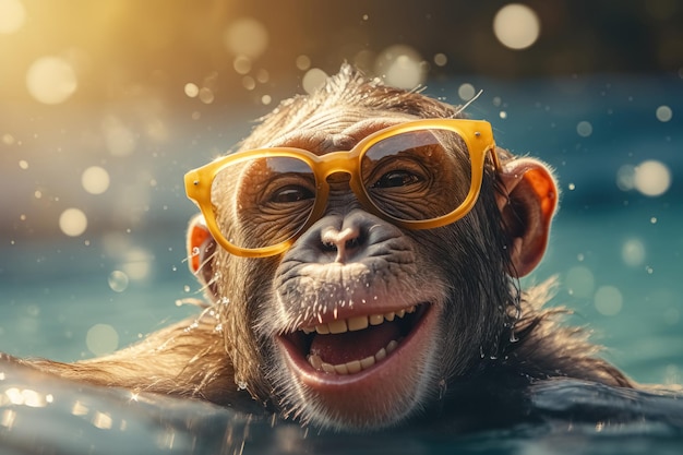 Close-up-Porträt eines glücklichen lächelnden Affen mit Brille, der im Pool schwimmt, umgeben von Wasserspritzen