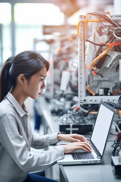 Close-up-Porträt eines jungen Robotikingenieurs mit Laptop-Computer