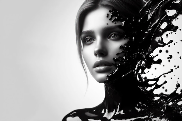 Close-up-Porträt eines Mädchens, das sich aus dunkel-schwarzer geschmolzener flüssiger Farbe löst.
