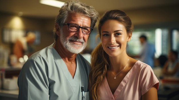 Close-up-Porträt eines mittelalterlichen Arztes und einer jungen Klinikerin oder Krankenschwester in Uniform Zwei positive lächelnde medizinische Mitarbeiter mit selbstbewusstem Aussehen Teamarbeit und Erfahrung teilen das Konzept