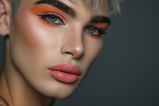 Close-up-Porträt eines schönen jungen Transgender-Mannes mit hellem, perfektem Make-up auf grauem Hintergrund