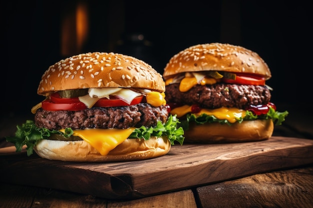 Close-up pouco saudável de dois deliciosos hambúrgueres de carne caseiros com queijo e legumes em uma aba de madeira