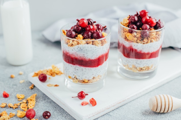 Close-up de pudín de chía con yogur granola grosella en la superficie de una botella de leche sobre una superficie gris