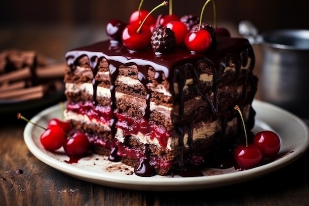 Un close-up de una rebanada de pastel de bosque negro con capas de tortilla de chocolate y cerezas