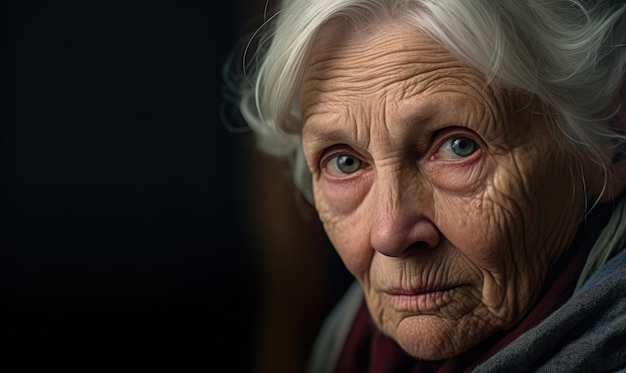 Close Up retrato de una anciana de pelo blanco.
