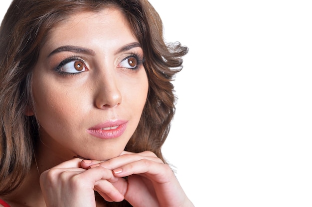 Foto close up retrato de hermosa mujer joven morena