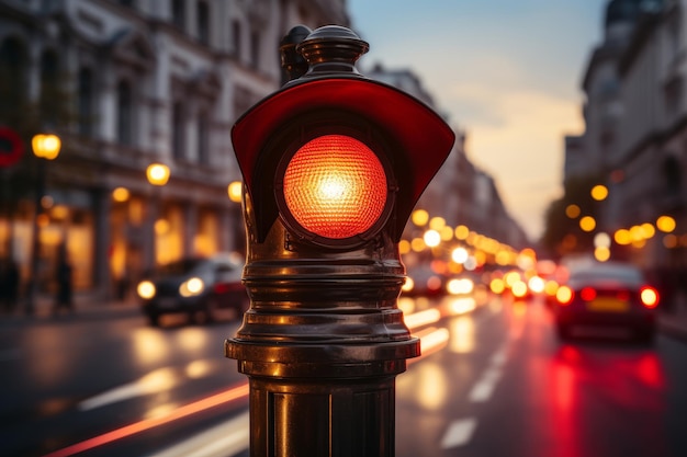 Foto close-up de un semáforo rojo por la noche en una escena de intersección urbana bulliciosa