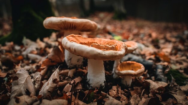 Foto close-up de shitakes en el bosque rodeado de hojas secas en otoño