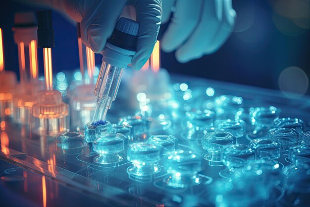 Close Up Shot de um Cientista Usando Micro Pipeta e Misturando Líquido Químico com Geneticamente Modificado