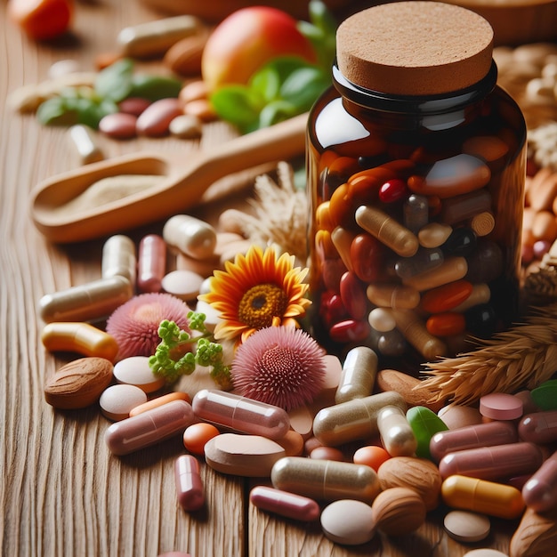 close-up suplementos de vitaminas garrafa em fundo de madeira