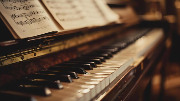 Close-up de teclas de piano con partituras en la parte superior El piano es viejo y hecho de madera Las teclas están hechas de marfil y ébano