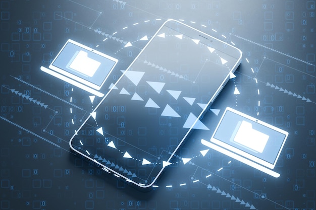 Close up del teléfono inteligente con transferencia de datos digitales creativa e intercambio de carpetas en fondo oscuro Almacenamiento o carga de documentos virtuales de datos de copia de seguridad en el servicio de nube Renderización 3D