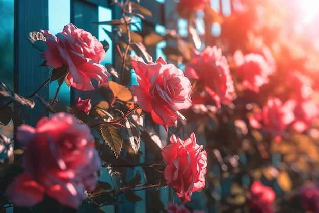 close-up tiro de muitas flores rosas vermelhas e cor-de-rosa em uma roseira perto da cerca no jardim