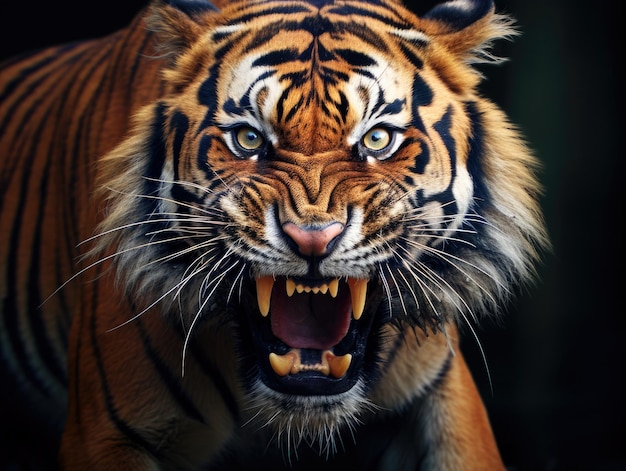 Close-up tiro de um tigre selvagem rugindo
