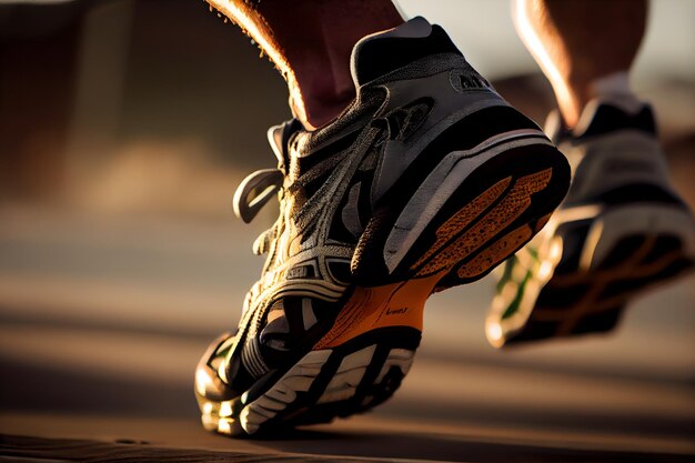 Close up to runner shoes pé de corredor no asfalto close up de trás energia esportiva ia geradora