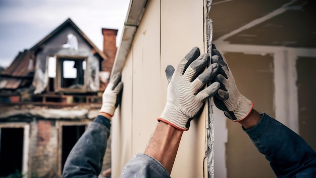 Foto un close-up de un trabajador de la construcción irreconocible suavizando la pared seca mientras renueva el espacio de copia de la casa